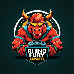 Cartoonish Detailed Muscular Rhino Gamer Mascot Holding Controller Illustration