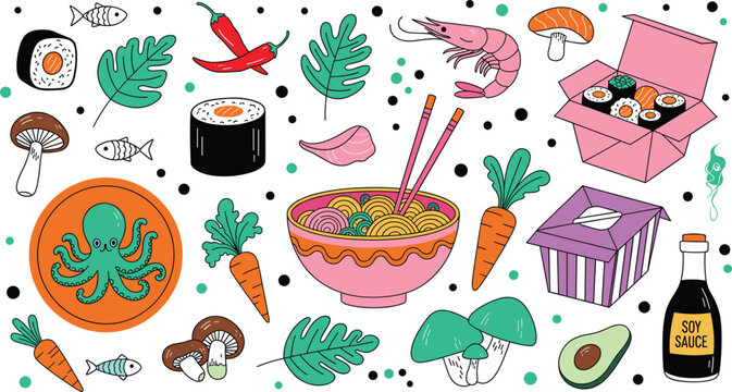 Hand-drawn Asian fusion food doodle set featuring sushi rolls ramen bowl octopus shrimp and take-out boxes in vibrant colors on grey background