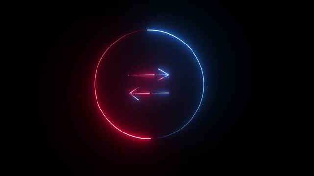 Minimalist red double arrows pointing in opposite directions incircle on dark background.