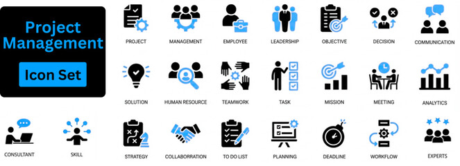 Project Management icon set contain Time management, planning, project, startup, marketing.