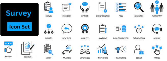 Survey solid icon set contain inspector, examination, rating, survey, feedback, opinion, questionnaire, poll, research, data collection, review. satisfaction etc