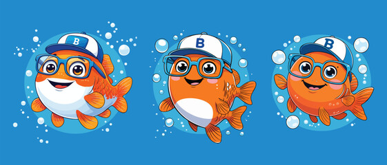 Playful Handdrawn Goldfish Wearing Glasses and a Baseball Cap Illustration