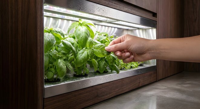 Woman hand picking fresh basil from indoor hydroponic smart garden in kitchen