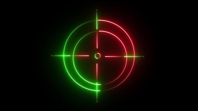Glowing  neon target or crosshair symbol on a black background; futuristic digital interface element for aiming or precision.