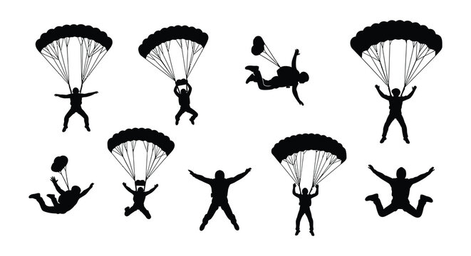 Silhouettes of skydivers in various poses descending with parachutes