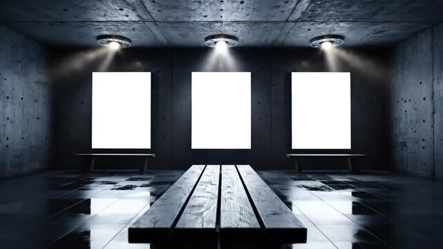 Dark minimalist gallery interior with illuminated blank frames and dramatic lighting, creating a modern exhibition space, moody atmosphere and premium background for art design or advertising concepts