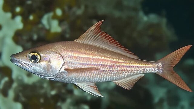 Stunning Reddish Silver Fish with Iridescent Scales Swims Gracefully in its Ocean Home.