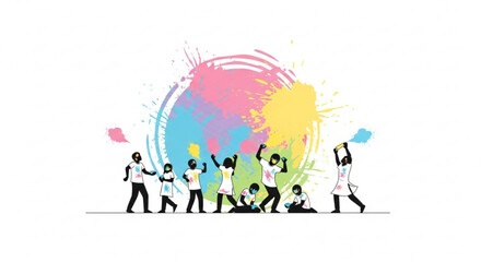 Diverse group of people celebrating Holi festival with colorful powder splashes concept of joy and unity vector illustration on white background