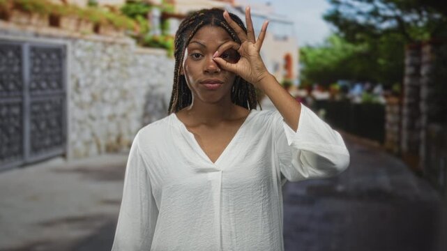 Woman making ok circle with hand around one eye on a stone street wearing white blouse; playful curiosity.
