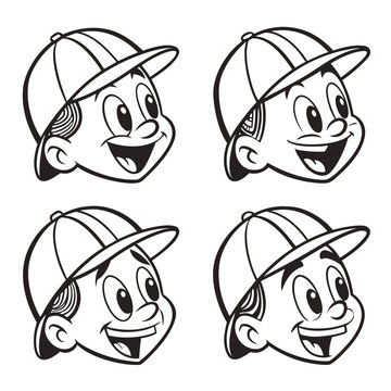 A collection of six expressive cartoon faces with baseball caps on. Vector