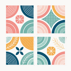 Obraz premium Abstract geometric pattern with colorful shapes and leaves viewed directly on a square grid