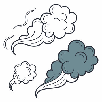 Various types of clouds and weather patterns illustrated in a simple line drawing. Vector