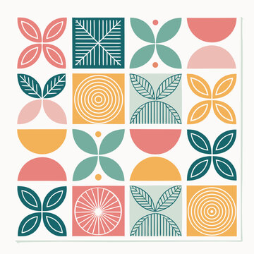 A modern graphic illustration featuring flowers, leaves, and abstract shapes in a grid pattern from a direct viewpoint