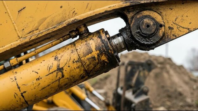 Worn yellow hydraulic cylinder piston oil grime construction machinery excavator arm industrial repair yellow hydraulic cylinder construction