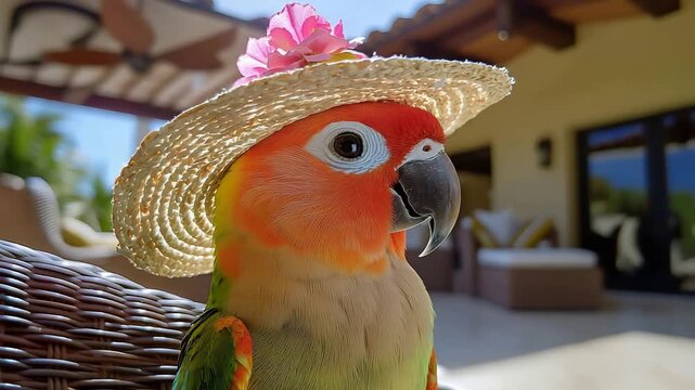 Adorable Sun Conure Parrot Wears a Stylish Straw Hat Adorned with a Vibrant Pink Flower.