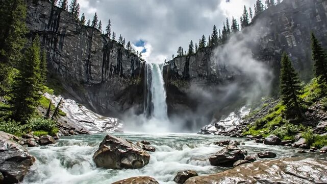 A majestic waterfall cascades down a rocky cliff, framed by trees and a cloudy sky
