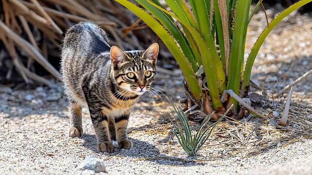 Curious Striped Kitten Stalking Through Desert Landscape by a Green Succulent Plant.