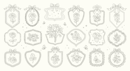 Collection of decorative frames with floral and insect motifs, hand-drawn in a delicate line art style. © Erica