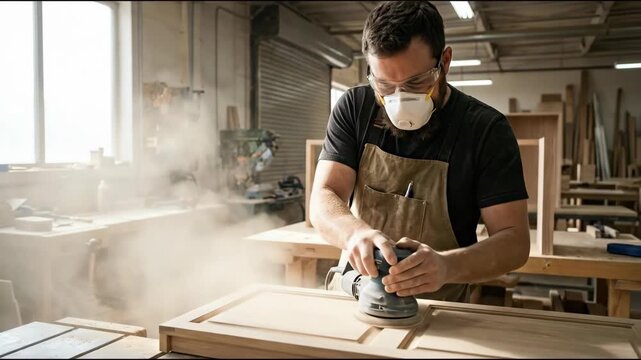 Carpenter sanding wood cabinet door workshop with dust mask and safety glasses, woodworker sanding wooden cabinet door with dust and protective mask