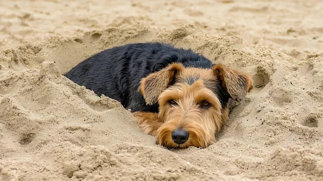 Cute Airedale Terrier dog resting comfortably in the warm beach sand on a sunny day.