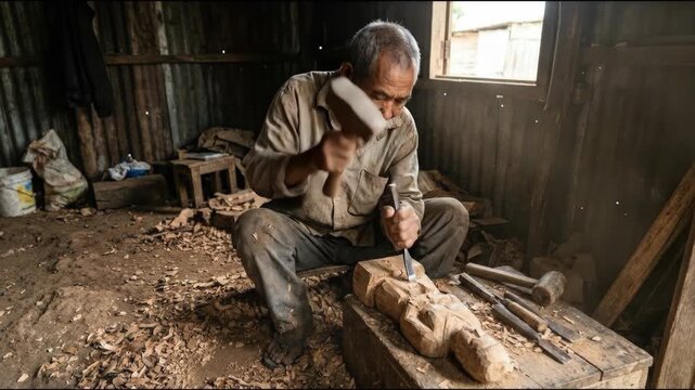 Elderly man carving wooden sculpture rustic workshop with hammer and chisel, elderly artisan craftsman focused expression with flying wood chips