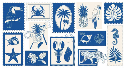 A collection of blue and white tropical themed postage stamps featuring various animals and plants. © Erica