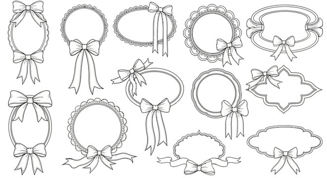A collection of elegant line art frames and borders adorned with decorative bows and ribbons, in various shapes and styles.