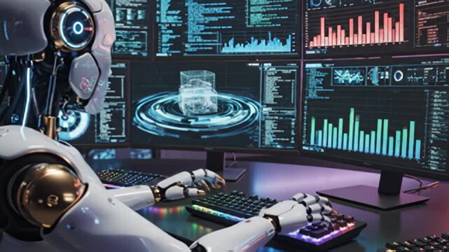 Futuristic robot analyzing data on multiple screens in cyberpunk setting