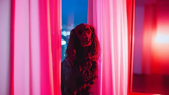 Dramatic portrait of a beautiful red setter dog peeking through pink curtains at night.