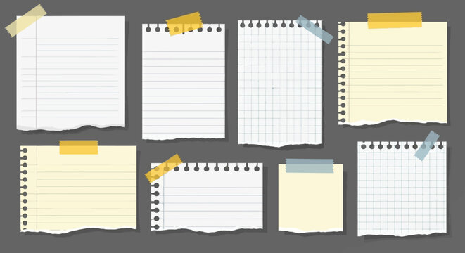 A collection of various blank paper notes, including lined, grid, and plain sheets, some white and some yellow, all taped to a dark grey background.