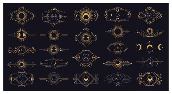 Collection of Celestial and Mystical Ornate Decorative Elements Featuring Suns, Moons, and Stars on a Dark Background.
