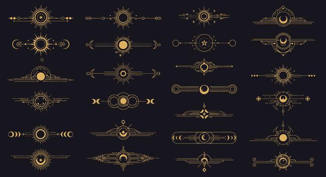 A collection of ornate golden celestial dividers and borders with sun and moon motifs on a dark background.
