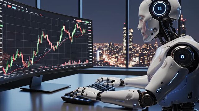 Futuristic robot analyzing stock market data on computer screen
