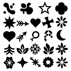 Black Silhouette Icon Set with Hearts, Stars, Arrows and Floral Shapes © Sujon Shah