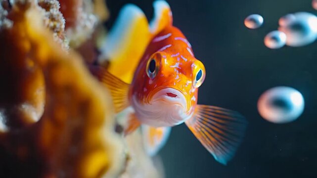 Vibrant Orange Tropical Fish with Ornate Patterns Swims Gently in a Deep Blue Aquarium.