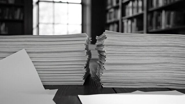 Stack of paper sheets on a wooden table in black and white tone