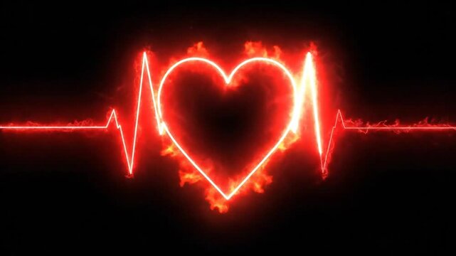 Glowing red heart shape with an electrocardiogram line on a dark background.