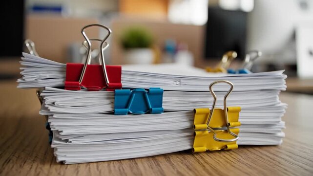 Stack of paper documents secured with colorful binder clips on desk
