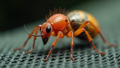 Fototapeta premium Macro Orange Ant with Spiky Head Detailed CloseUp on Textured Surface