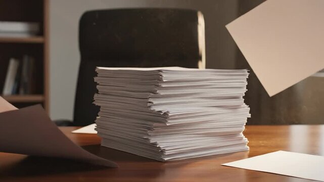 Stack of white papers on a wooden table with falling sheets