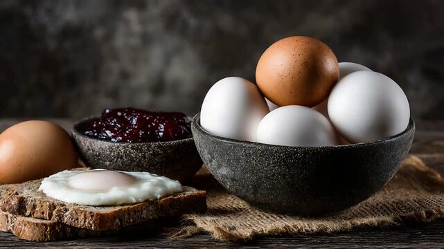 Rustic Farmhouse Breakfast Ingredients Fresh Eggs, Berry Jam, and Toasted Bread with Fried Egg.