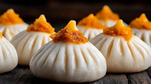 Close up of delicious steamed white dumplings topped with vibrant orange garnish on rustic wood.