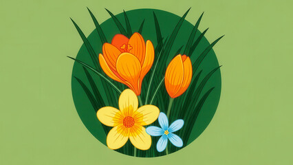 Vibrant spring flowers blooming in a circular green patch, signaling the arrival of new life and warmth