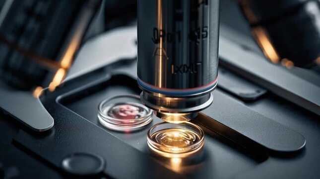Scientific Microscope Lens Focuses on IVF Embryo Petri Dish