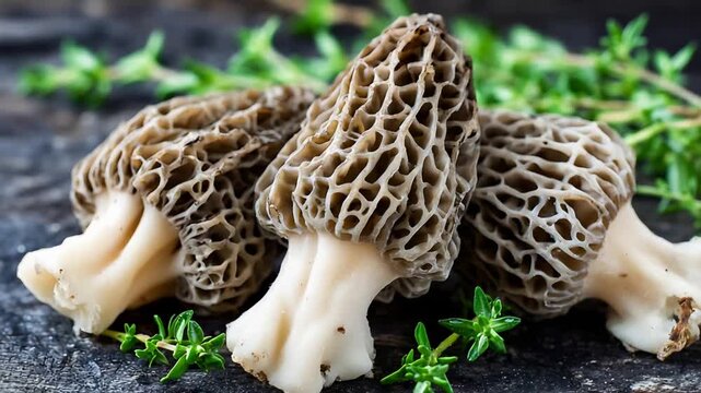 Gourmet Wild Morel Mushrooms Displayed with Fresh Thyme on a Rustic Wooden Background.