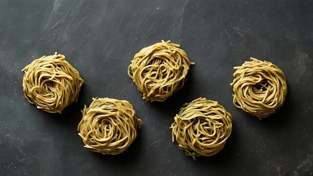 Five artisanal green tea soba noodle nests artfully arranged on a dark slate surface.