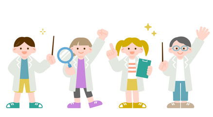 研究や科学の楽しさを伝える白衣を着た子供たち