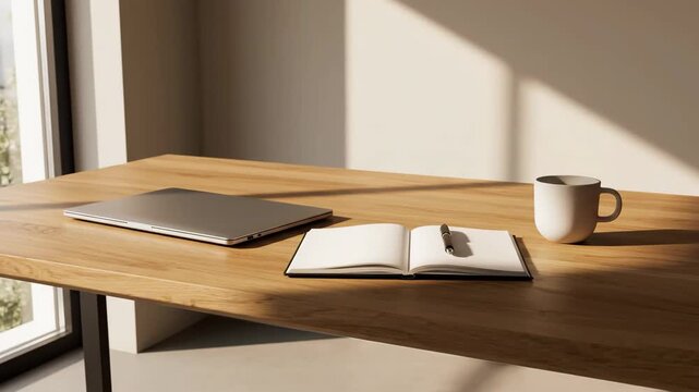 A clean and modern workspace featuring a laptop, open notebook, and coffee mug on a wooden desk bathed in natural sunlight. Ideal for productivity, remote work, or study concepts.