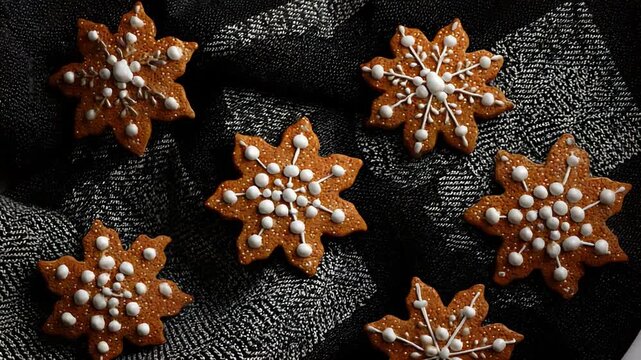 Sweet festive gingerbread snowflake cookies with delicate white icing decoration for holiday season.