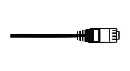A simplified black and white illustration depicts a standard rj45 ethernet cable connector on white high quality professional
